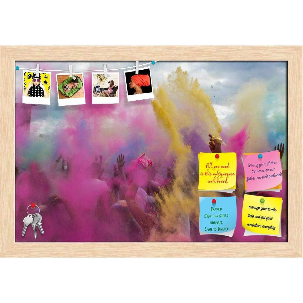 ArtzFolio Holi Festival India | Bulletin Board Notice Pin Board | Vision Soft Board Combo with Thumb Push Pins & Sticky Notes | Natural Brown Frame | 23.5 x 16 inch (60 x 41 cms)