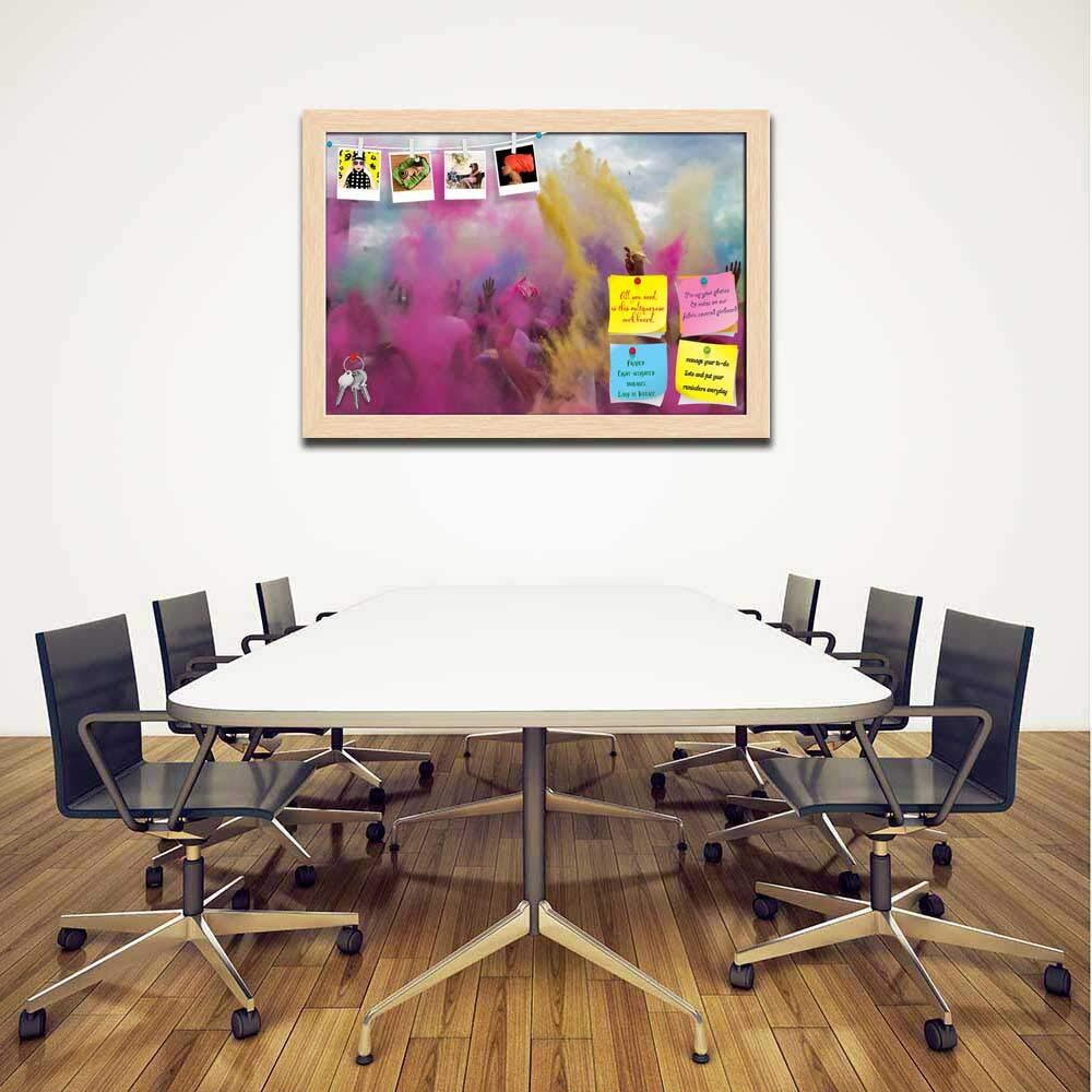 ArtzFolio Holi Festival India | Bulletin Board Notice Pin Board | Vision Soft Board Combo with Thumb Push Pins & Sticky Notes | Natural Brown Frame | 23.5 x 16 inch (60 x 41 cms)