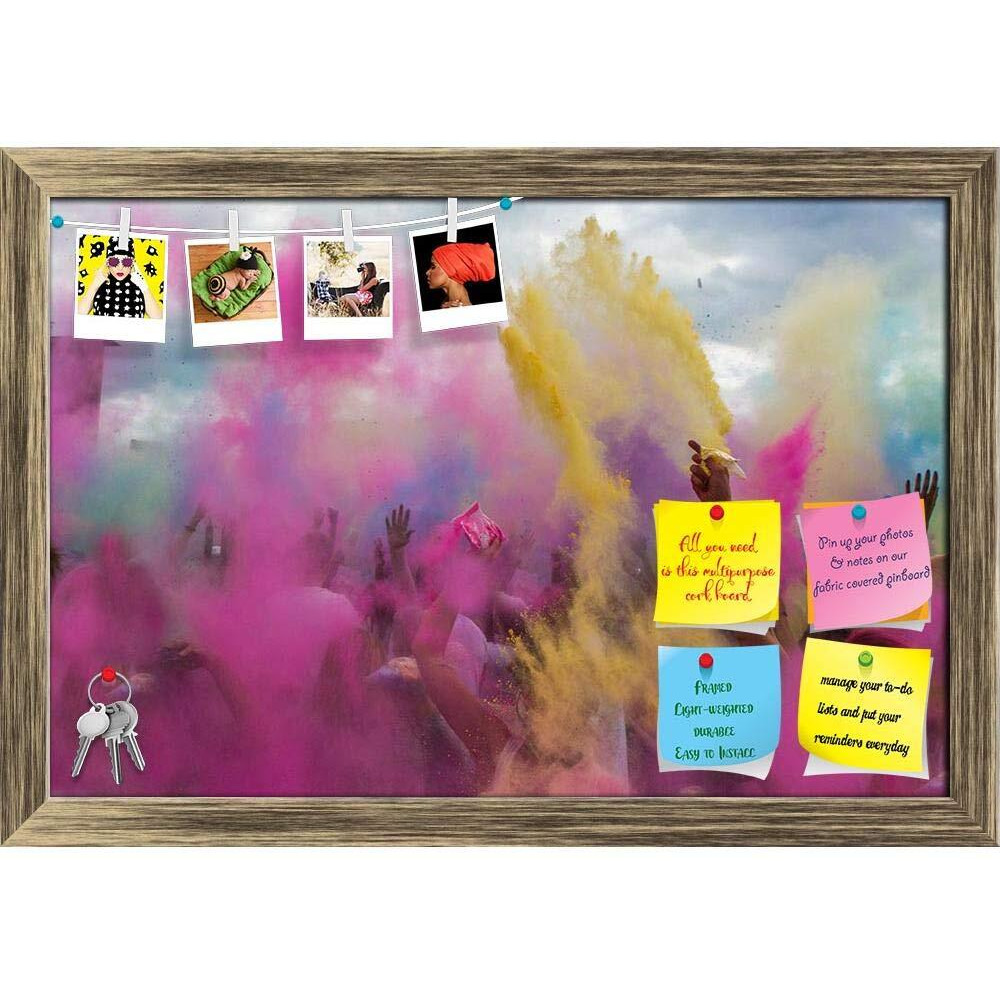 ArtzFolio Holi Festival India | Bulletin Board Notice Pin Board | Vision Soft Board Combo with Thumb Push Pins & Sticky Notes | Antique Golden Frame | 23.5 x 16 inch (60 x 41 cms)