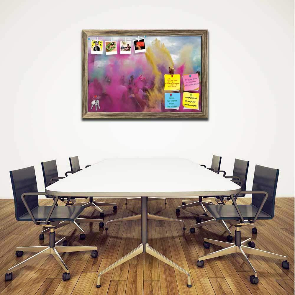 ArtzFolio Holi Festival India | Bulletin Board Notice Pin Board | Vision Soft Board Combo with Thumb Push Pins & Sticky Notes | Antique Golden Frame | 23.5 x 16 inch (60 x 41 cms)