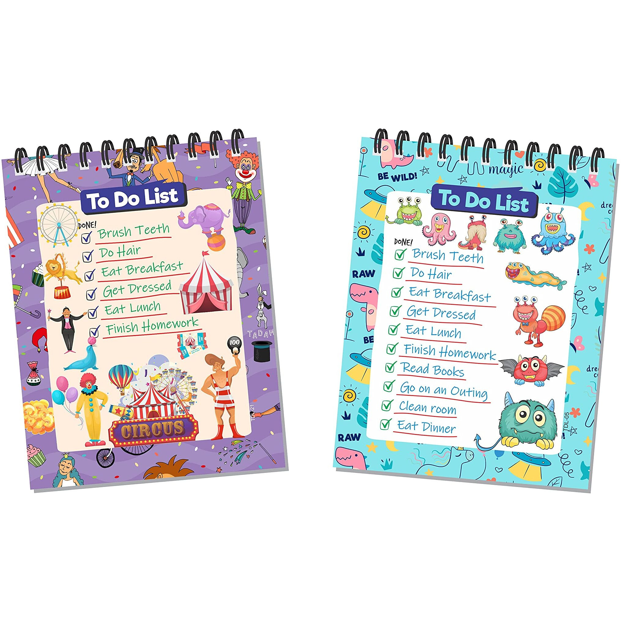 ESCAPER Monsters & Circus Themed To-Do List Planners Keep Your Little Ones Organized and Productive (Pack of 2 - A6 Size - 80 Sheets Each)