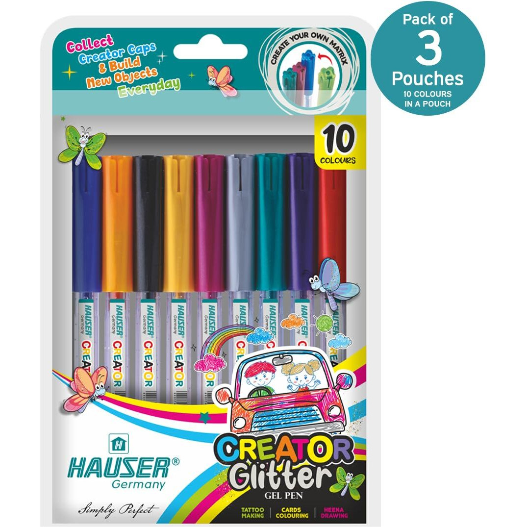 Hauser Creator Glitter Gel Pen Pouch Pack | Comfortable Grip For Smooth Writing | Extra Sparkles & Non-Toxic | Ideal For Tatto Making, Heena Drawing, Cards Coloring | 10 Vibrant Colours, Pack of 3
