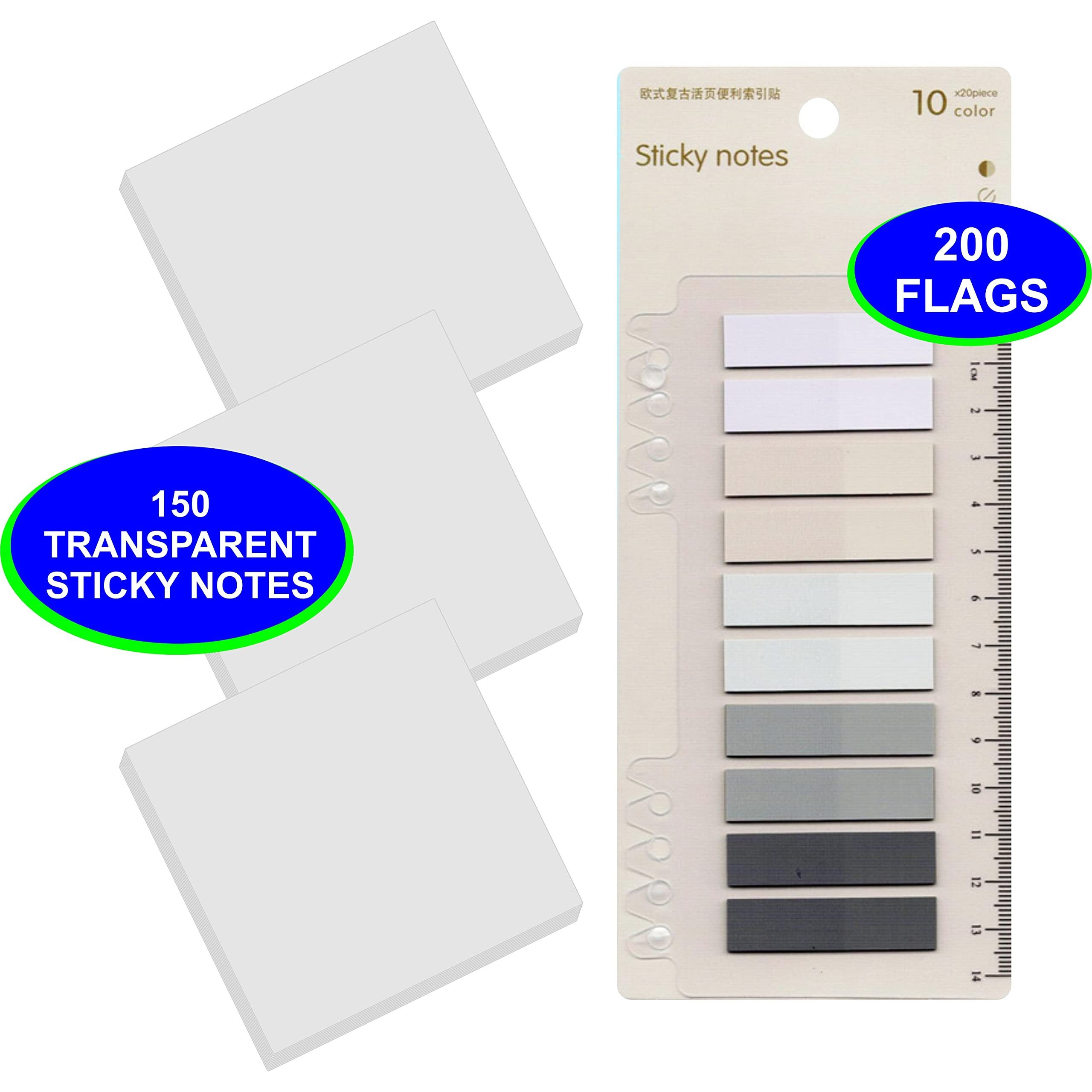 IMPRINT Combo of Self Stick Notes Transparent 150 (3 Pack of 50) with 10 Colour Flag Notes 200 (10 x 20)