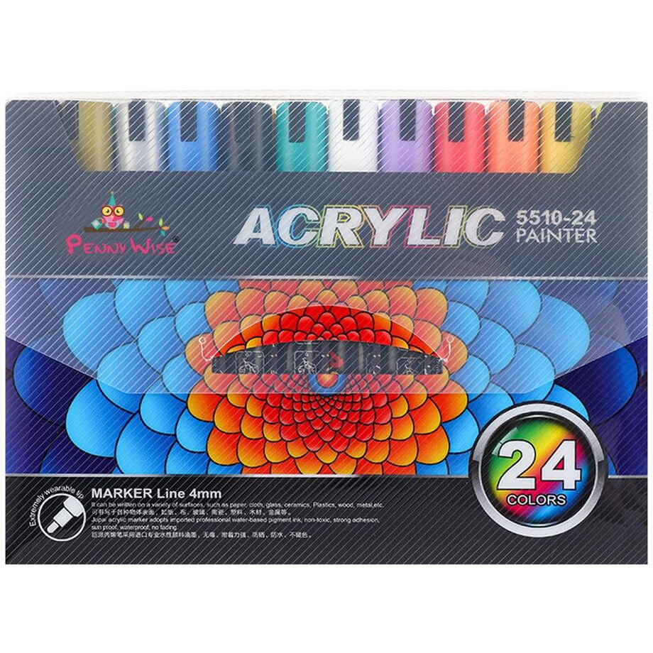 PennyWise Acrylic Paint Markers Waterproof Permanent Art DIY Pens, 4 MM Tip, Ideal For Painting, Drawing, Stenciling, Etching, Stamping. (Set Of 24 Shades)