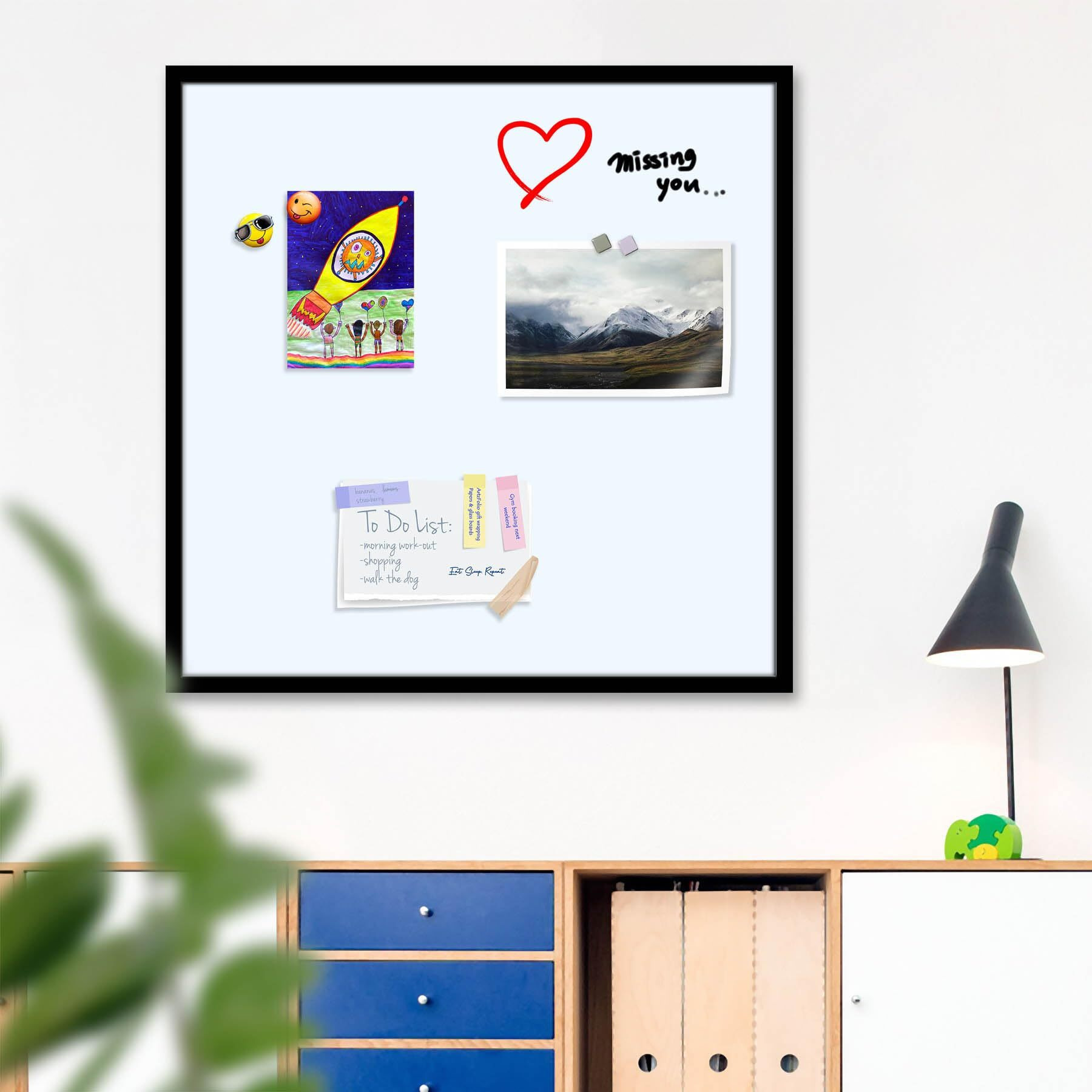 ArtzFolio Whites Family Ghost White Colour | Framed Magnetic Dry Erase White Board | Includes Sticky Notes, Magnet Buttons & Markers | Black Frame | 24 x 24 inch (61 x 61 cms)