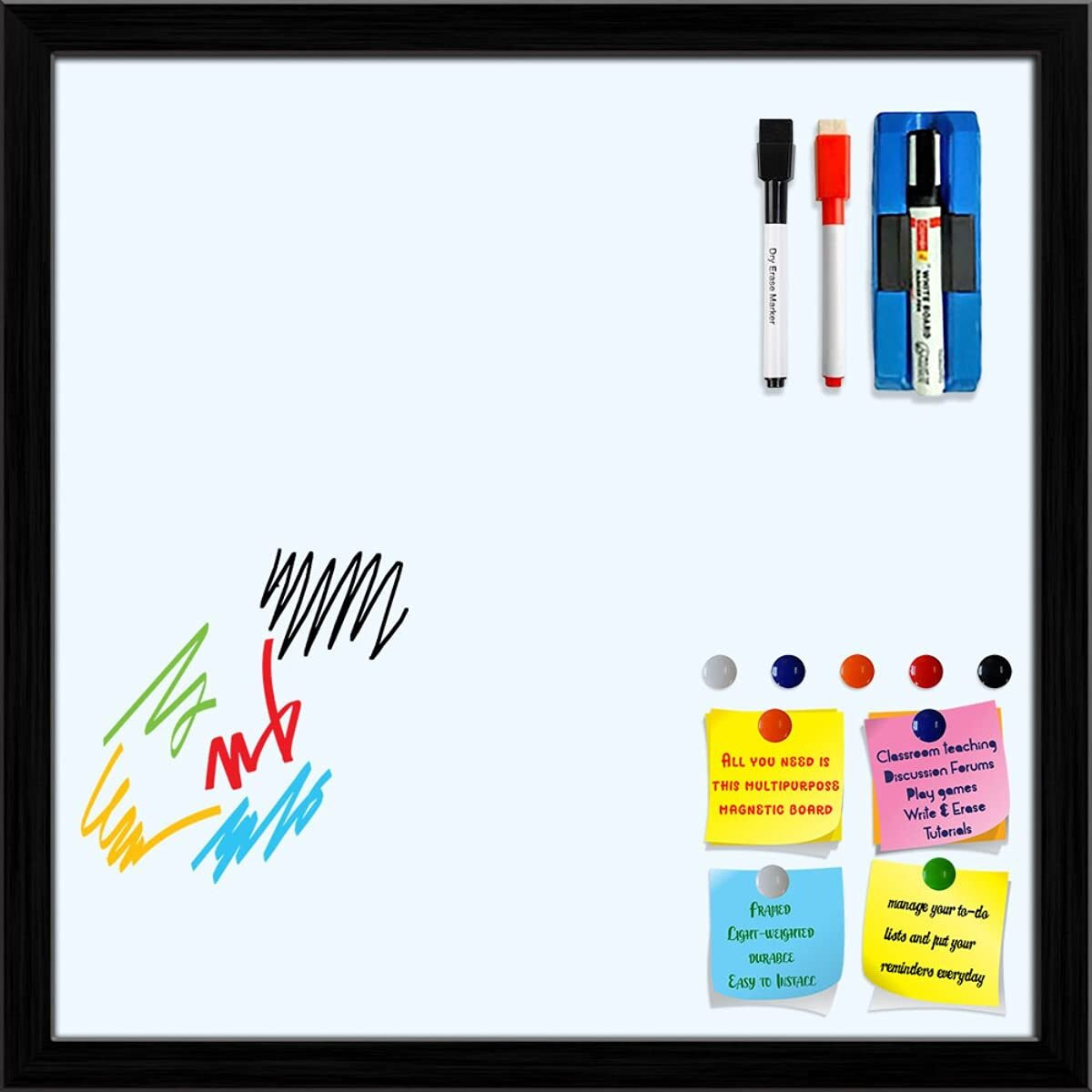 ArtzFolio Whites Family Ghost White Colour | Framed Magnetic Dry Erase White Board | Includes Sticky Notes, Magnet Buttons & Markers | Black Frame | 24 x 24 inch (61 x 61 cms)