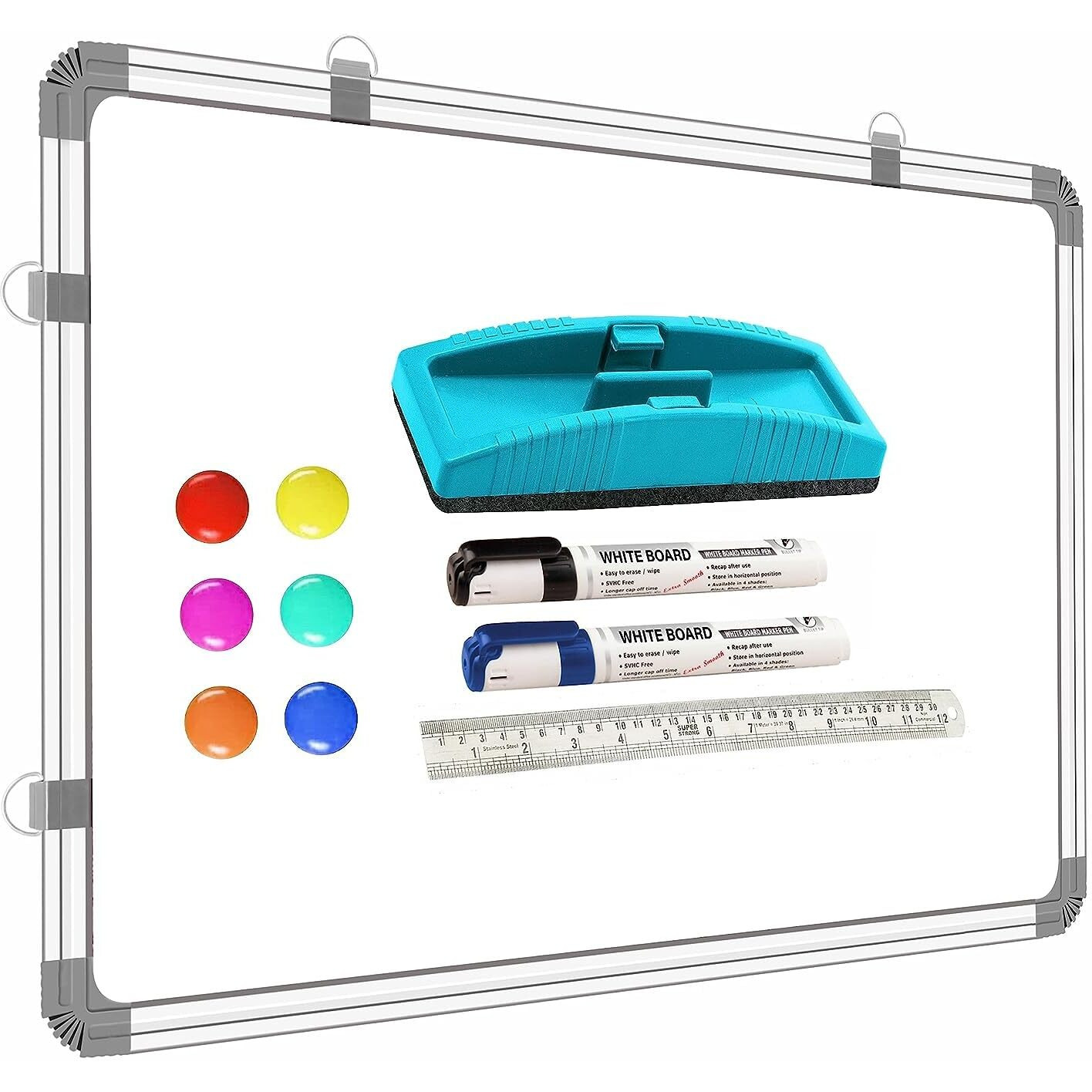YAJNAS 1.5x2 Feet (41x59 CM) Magnetic Drywipe Whiteboard with 6 Magnets, 1 Eraser/Magnetic Duster, 1 Unit of 30cm Scale, and 2 Dry-Erase Markers for Home, Office, Coaching Class & School