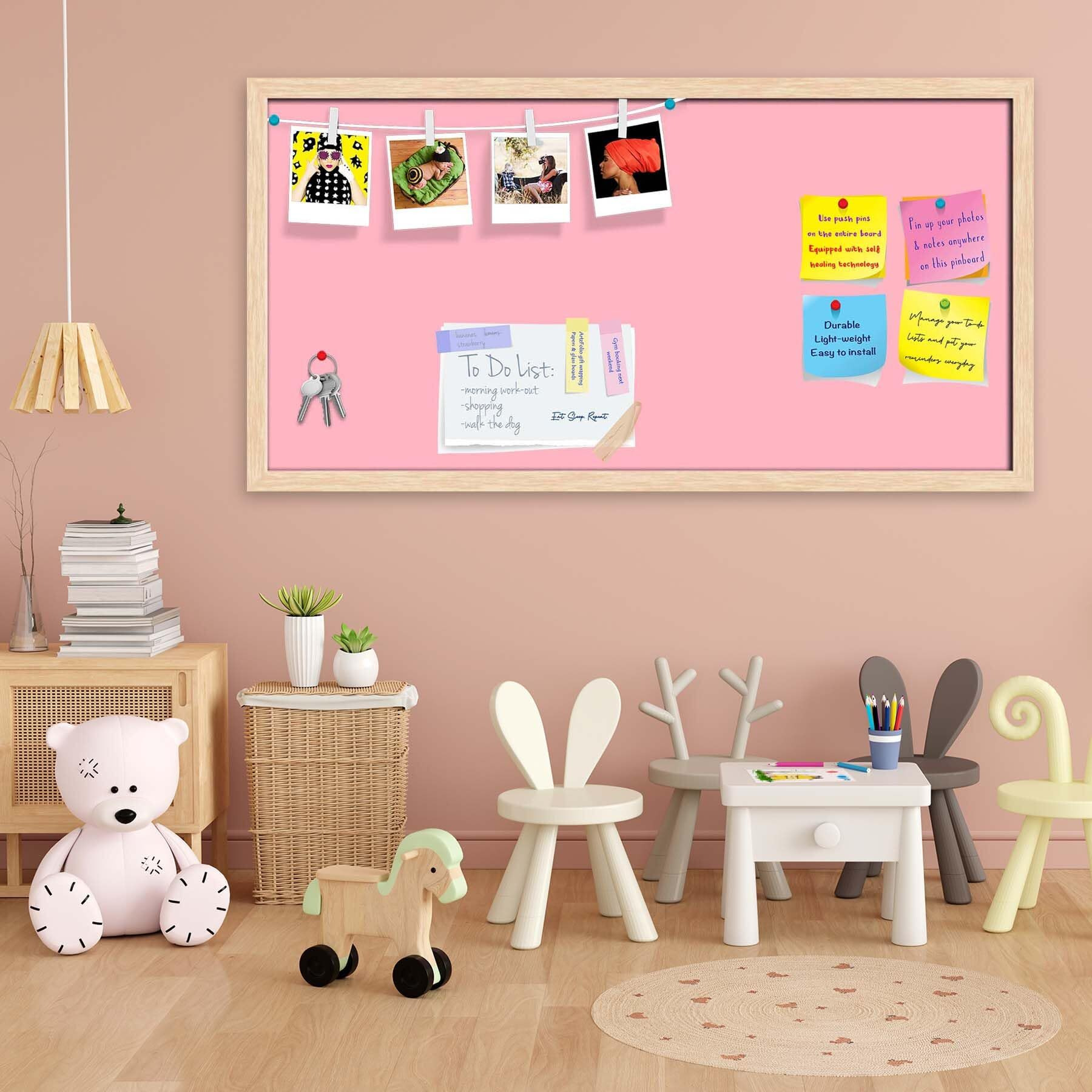 ArtzFolio Pinks Family Light Pink Colour | Bulletin Board Notice Pin Board | Vision Soft Board Combo with Thumb Push Pins & Sticky Notes | Natural Brown Frame | 30 x 15 inch (76 x 38 cms)