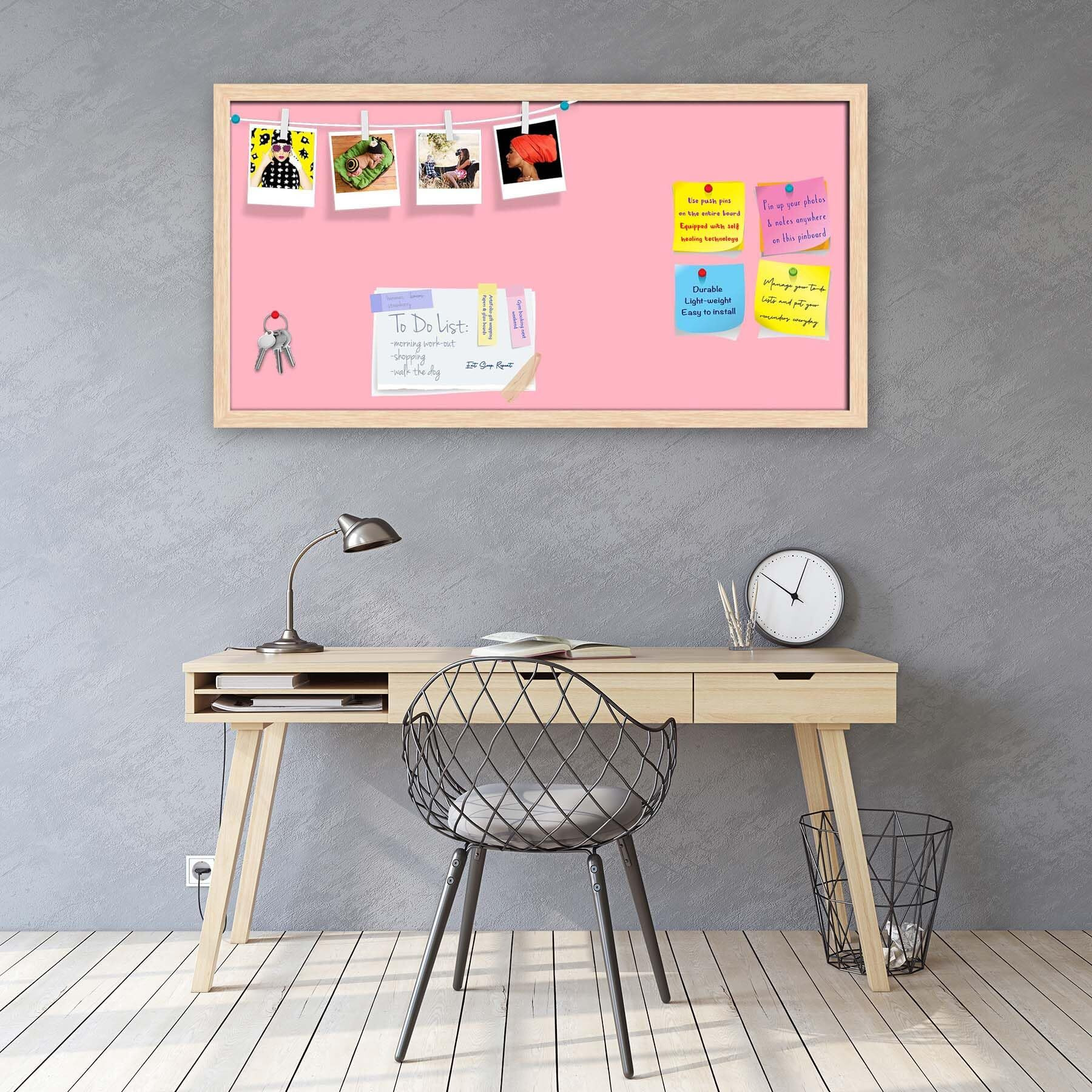 ArtzFolio Pinks Family Light Pink Colour | Bulletin Board Notice Pin Board | Vision Soft Board Combo with Thumb Push Pins & Sticky Notes | Natural Brown Frame | 30 x 15 inch (76 x 38 cms)
