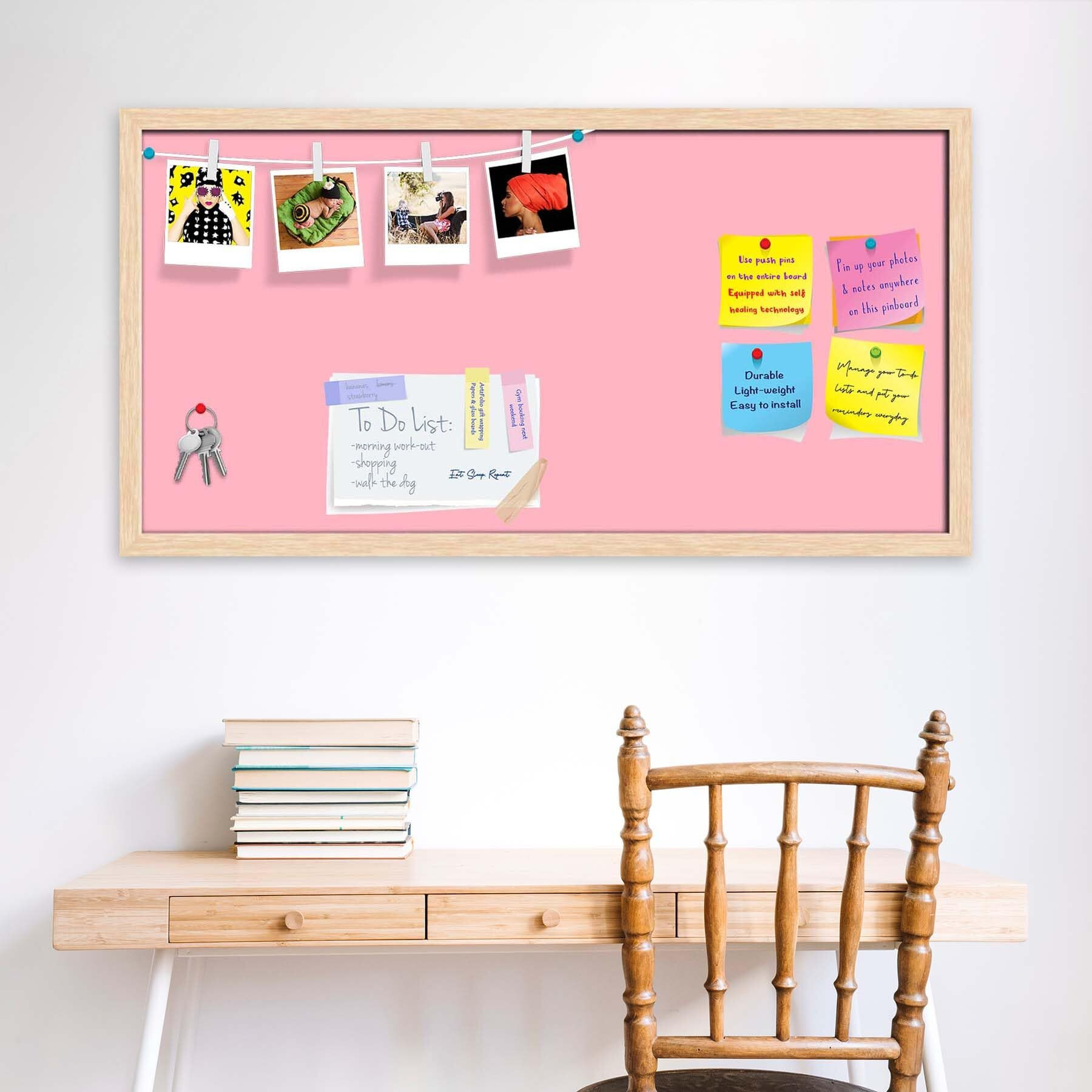 ArtzFolio Pinks Family Light Pink Colour | Bulletin Board Notice Pin Board | Vision Soft Board Combo with Thumb Push Pins & Sticky Notes | Natural Brown Frame | 30 x 15 inch (76 x 38 cms)