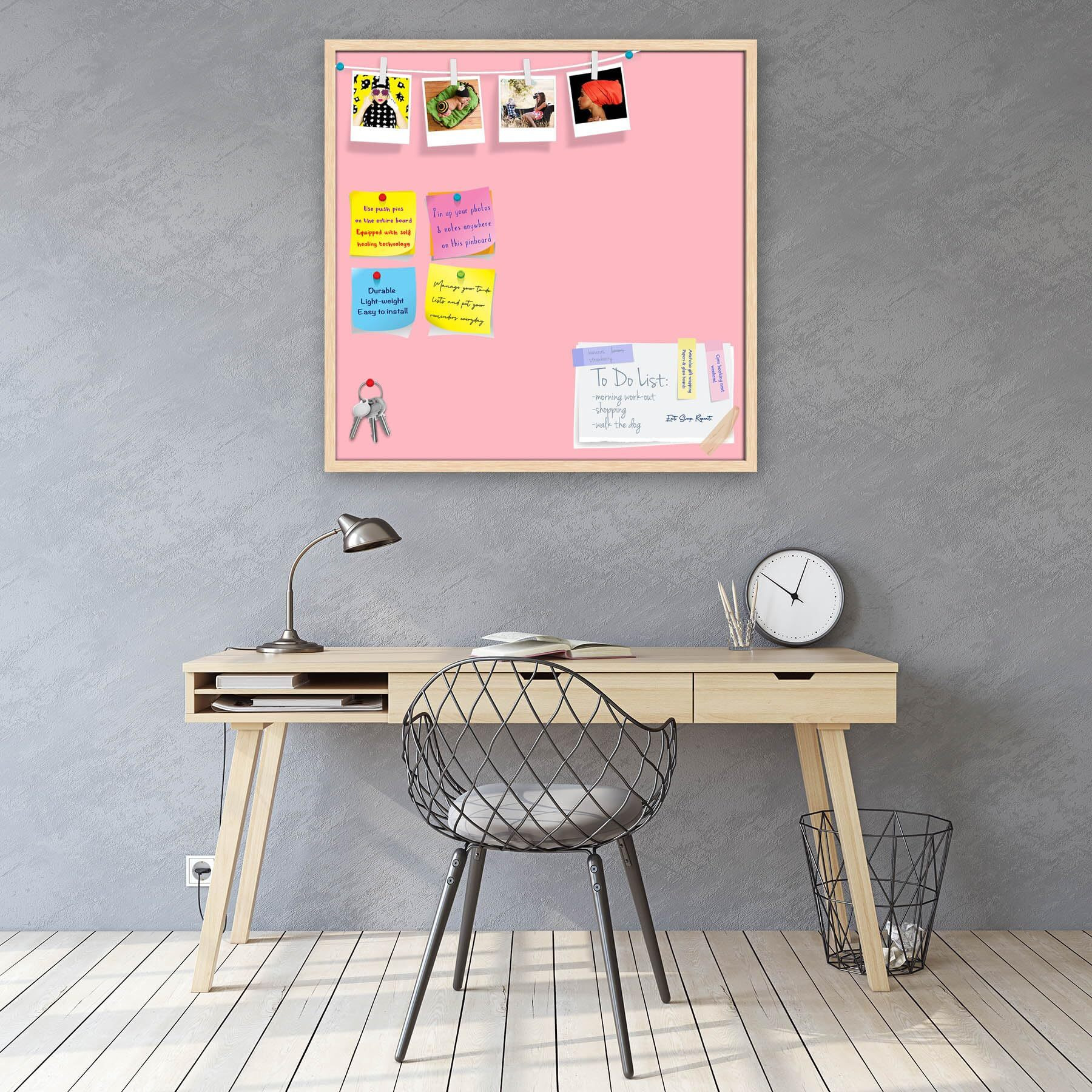ArtzFolio Pinks Family Light Pink Colour | Bulletin Board Notice Pin Board | Vision Soft Board Combo with Thumb Push Pins & Sticky Notes | Natural Brown Frame | 20 x 20 inch (51 x 51 cms)