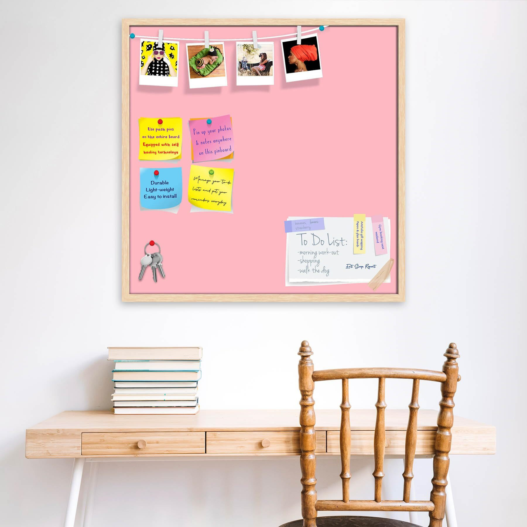 ArtzFolio Pinks Family Light Pink Colour | Bulletin Board Notice Pin Board | Vision Soft Board Combo with Thumb Push Pins & Sticky Notes | Natural Brown Frame | 20 x 20 inch (51 x 51 cms)