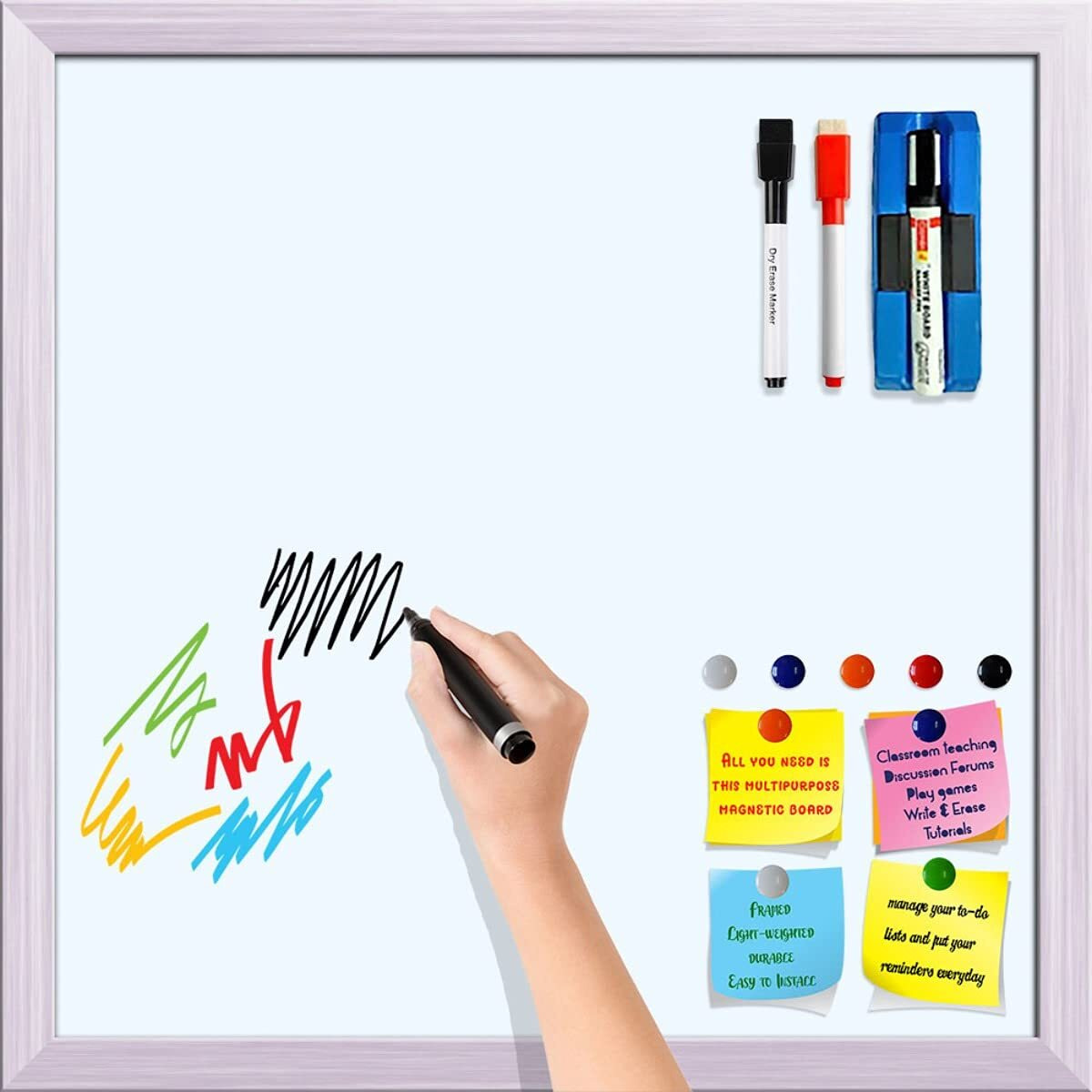 ArtzFolio Whites Family Ghost White Colour | Framed Magnetic Dry Erase White Board | Includes Sticky Notes, Magnet Buttons & Markers | White Frame | 12 x 12 inch (30 x 30 cms)
