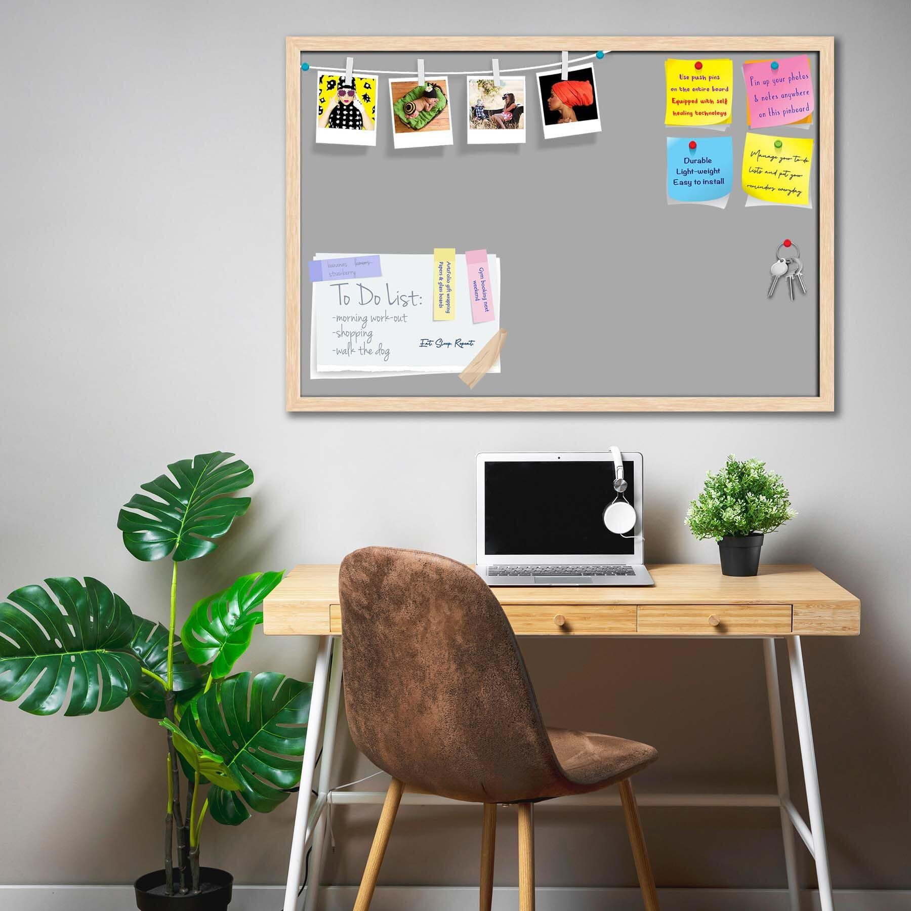ArtzFolio Greys Family Dark Gray Colour | Bulletin Board Notice Pin Board | Vision Soft Board Combo with Thumb Push Pins & Sticky Notes | Natural Brown Frame | 30 x 20 inch (76 x 51 cms)
