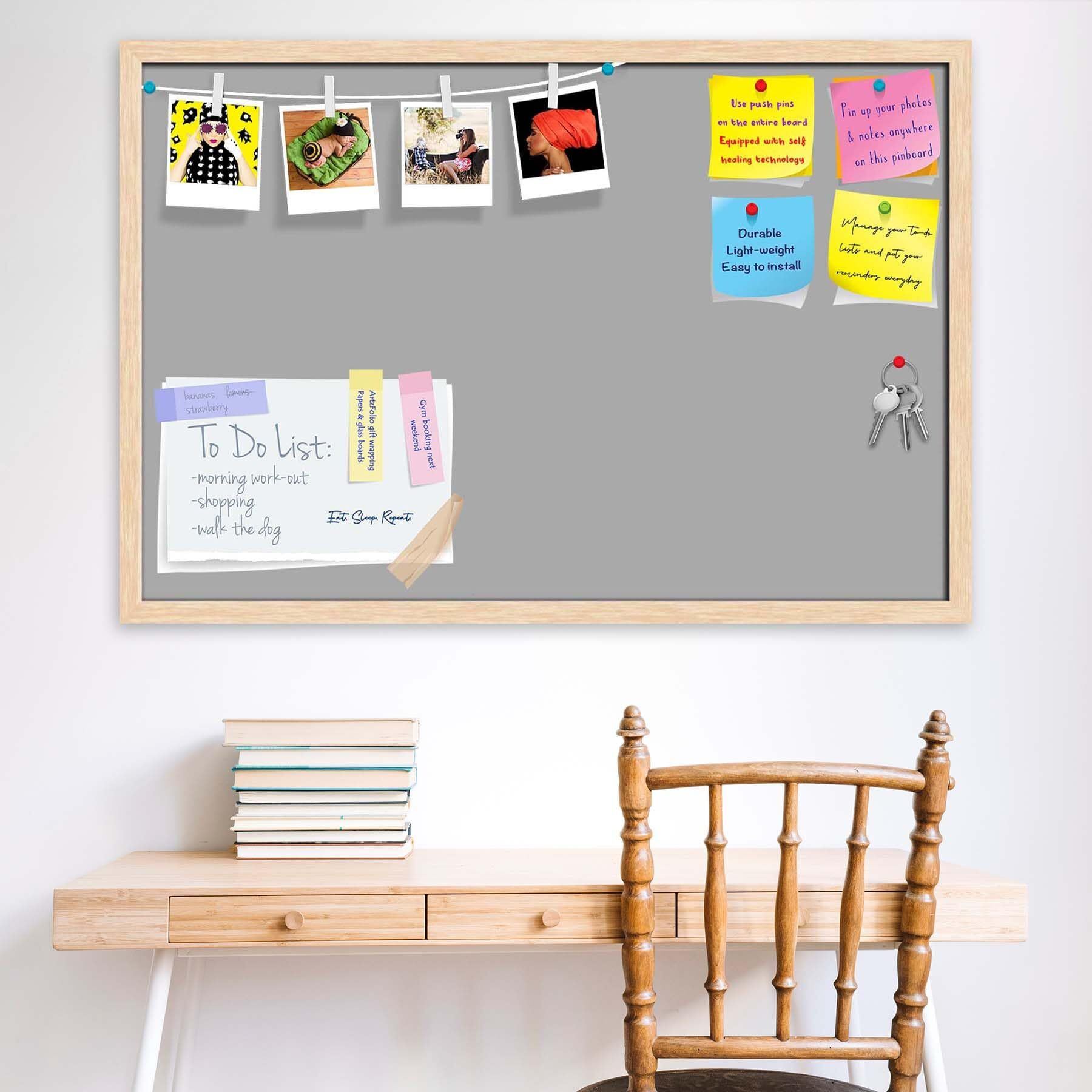 ArtzFolio Greys Family Dark Gray Colour | Bulletin Board Notice Pin Board | Vision Soft Board Combo with Thumb Push Pins & Sticky Notes | Natural Brown Frame | 30 x 20 inch (76 x 51 cms)