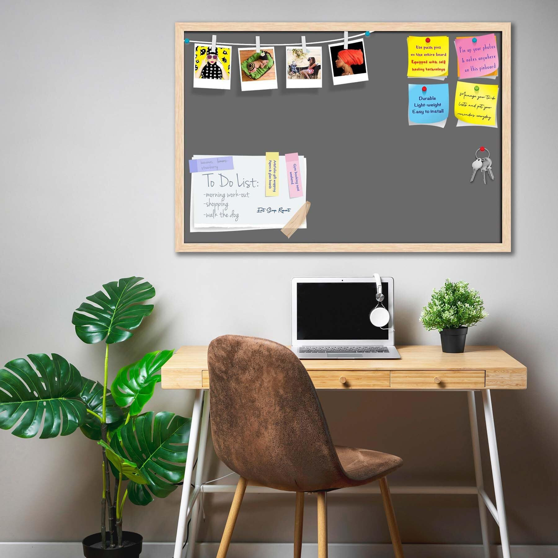 ArtzFolio Greys Family Dim Gray Colour | Bulletin Board Notice Pin Board | Vision Soft Board Combo with Thumb Push Pins & Sticky Notes | Natural Brown Frame | 30 x 20 inch (76 x 51 cms)