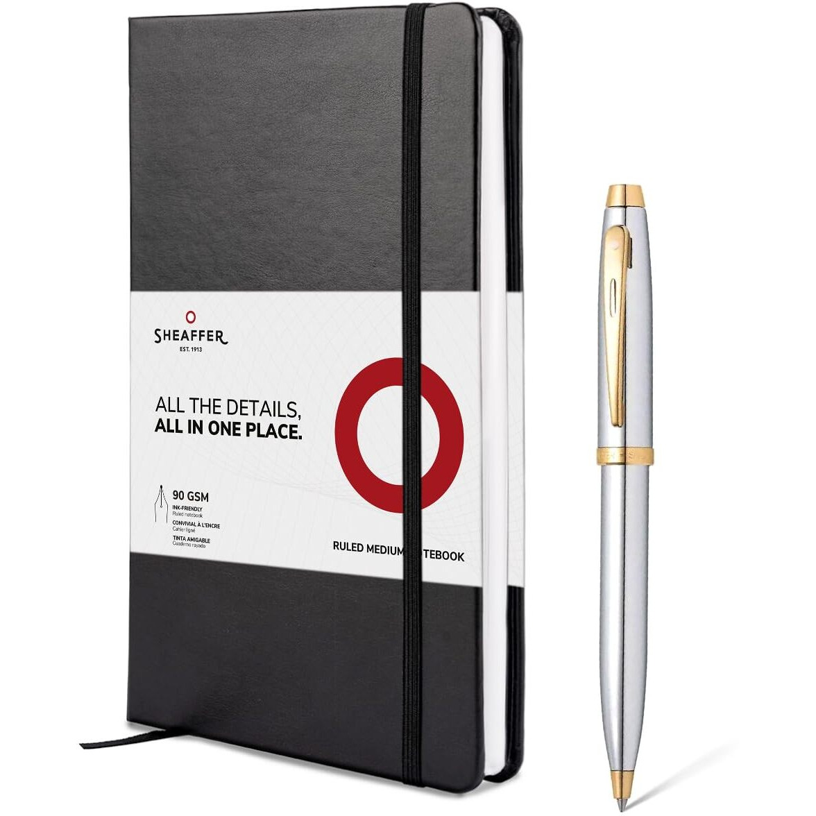 Sheaffer Gift Set 100 | G9340 Bright Chrome with Gold Tone Trim Ballpoint Pen with Medium Notebook | Premium Gift Set