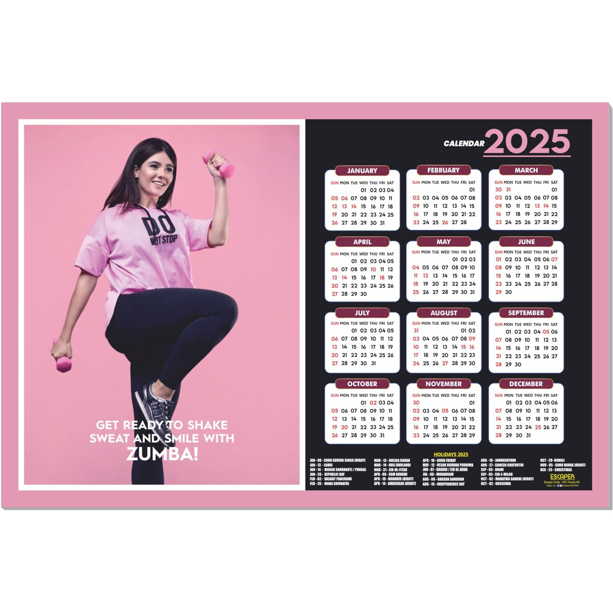 ESCAPER Zumba Wall Calendar 2025 hanging, Dance Wall Calendar 2025 (45 x 30 cm), Aerobics Wall Calendar 2025,New Year Calendar 2025, Dance Wall Decor Art, New Year Gift