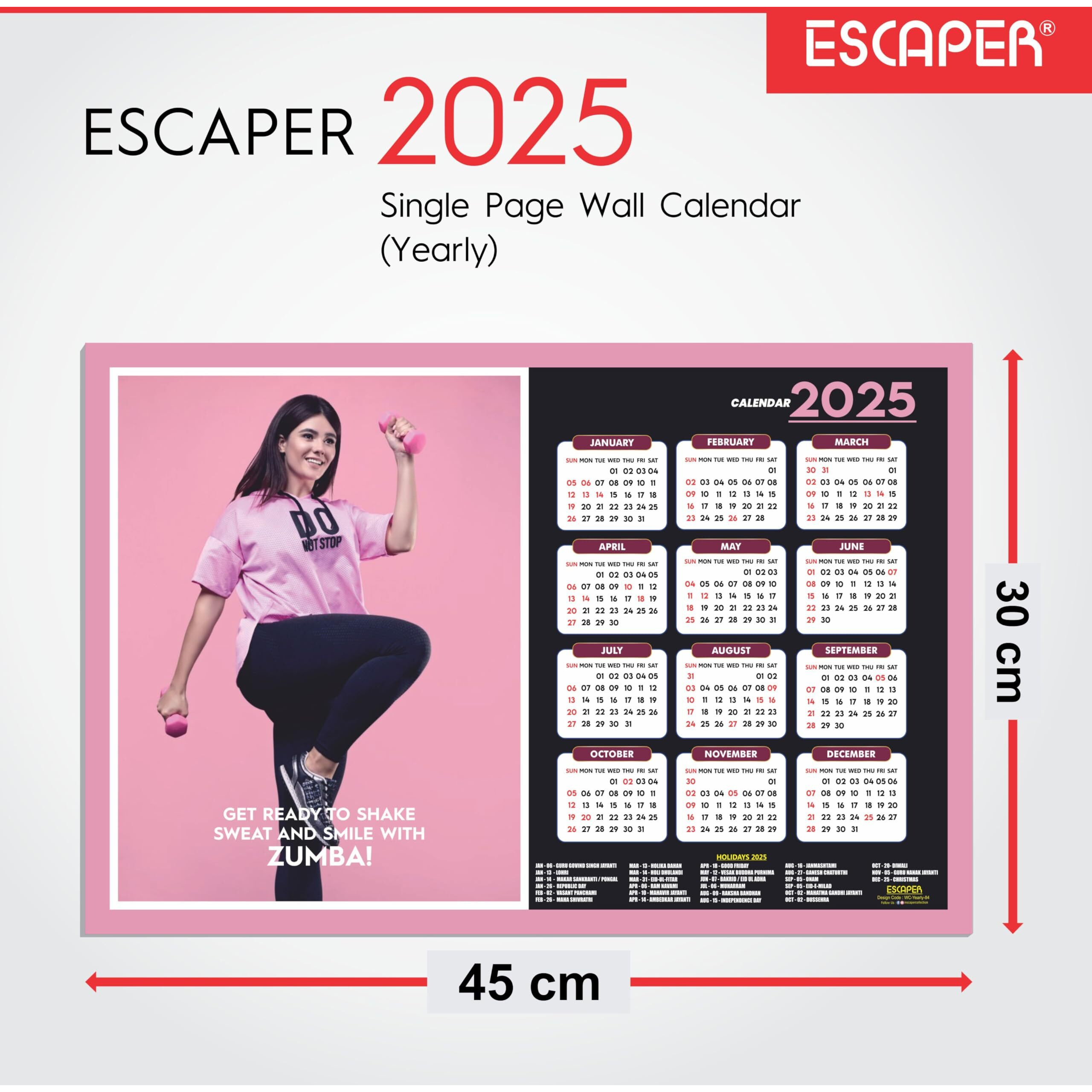ESCAPER Zumba Wall Calendar 2025 hanging, Dance Wall Calendar 2025 (45 x 30 cm), Aerobics Wall Calendar 2025,New Year Calendar 2025, Dance Wall Decor Art, New Year Gift