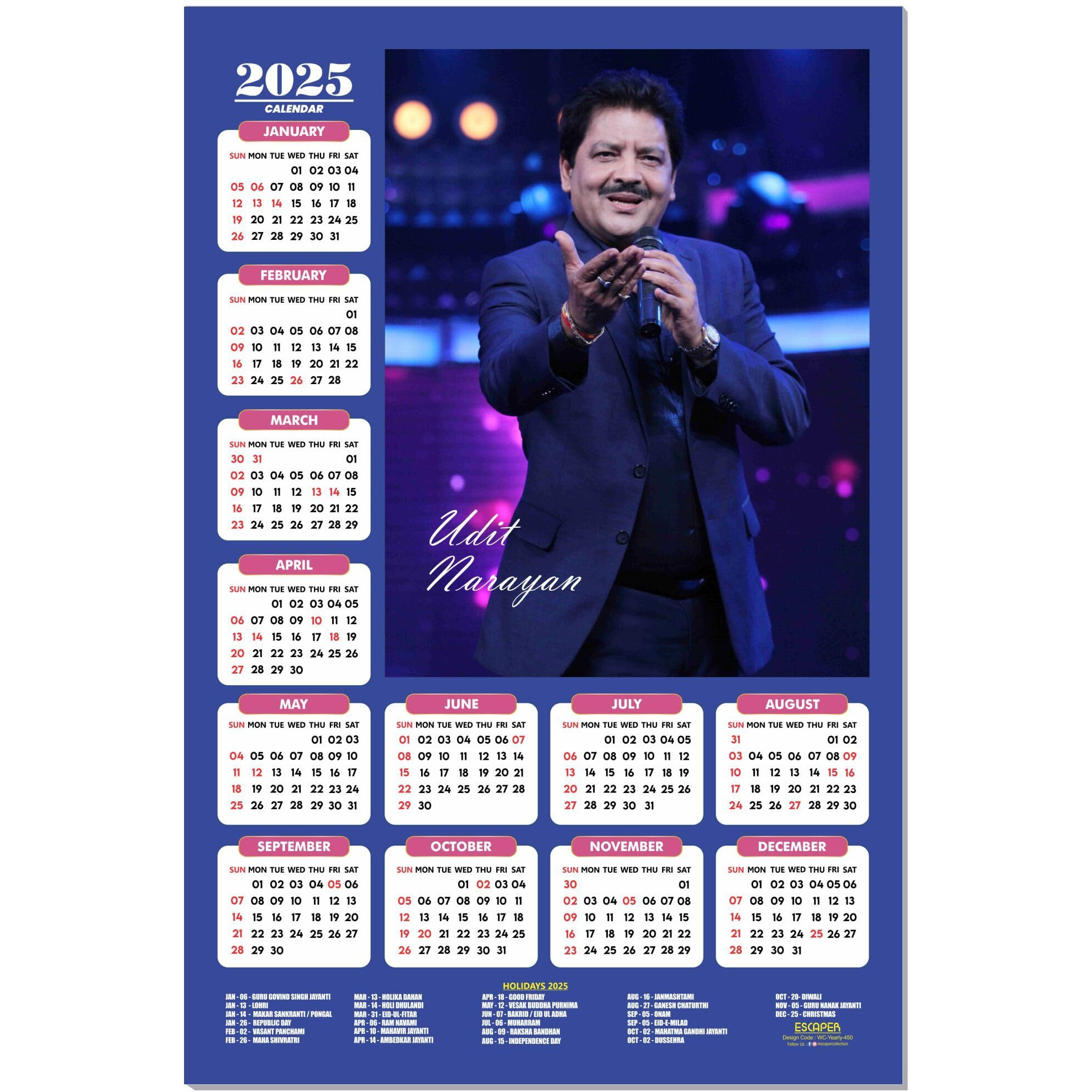 ESCAPER Indian Musician Wall Calendar 2025 hanging Decoration (45 x 30 cm), Bollywood Singers Wall Calendar 2025, Indian Cinema Singers, Famous Indian Singers Wall Calendar 2025, Music Calendar