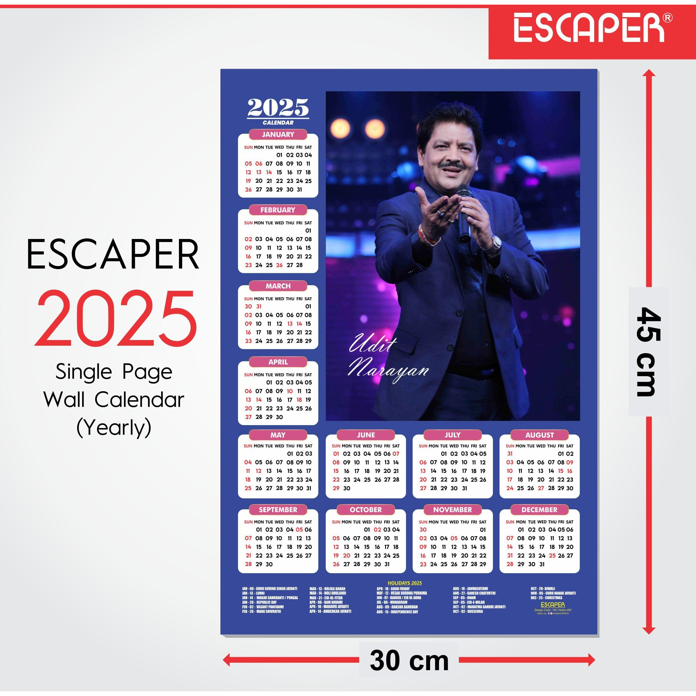 ESCAPER Indian Musician Wall Calendar 2025 hanging Decoration (45 x 30 cm), Bollywood Singers Wall Calendar 2025, Indian Cinema Singers, Famous Indian Singers Wall Calendar 2025, Music Calendar