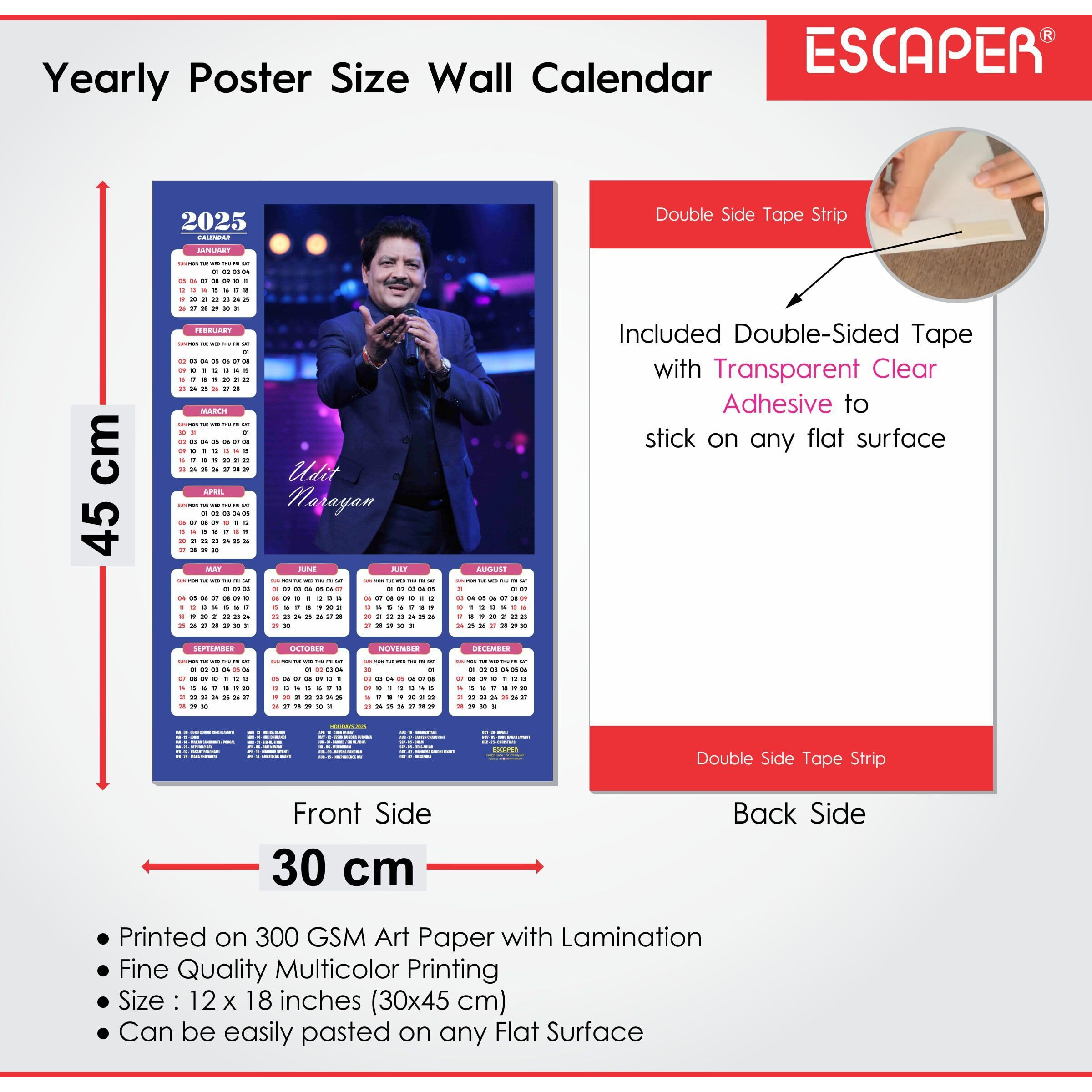 ESCAPER Indian Musician Wall Calendar 2025 hanging Decoration (45 x 30 cm), Bollywood Singers Wall Calendar 2025, Indian Cinema Singers, Famous Indian Singers Wall Calendar 2025, Music Calendar