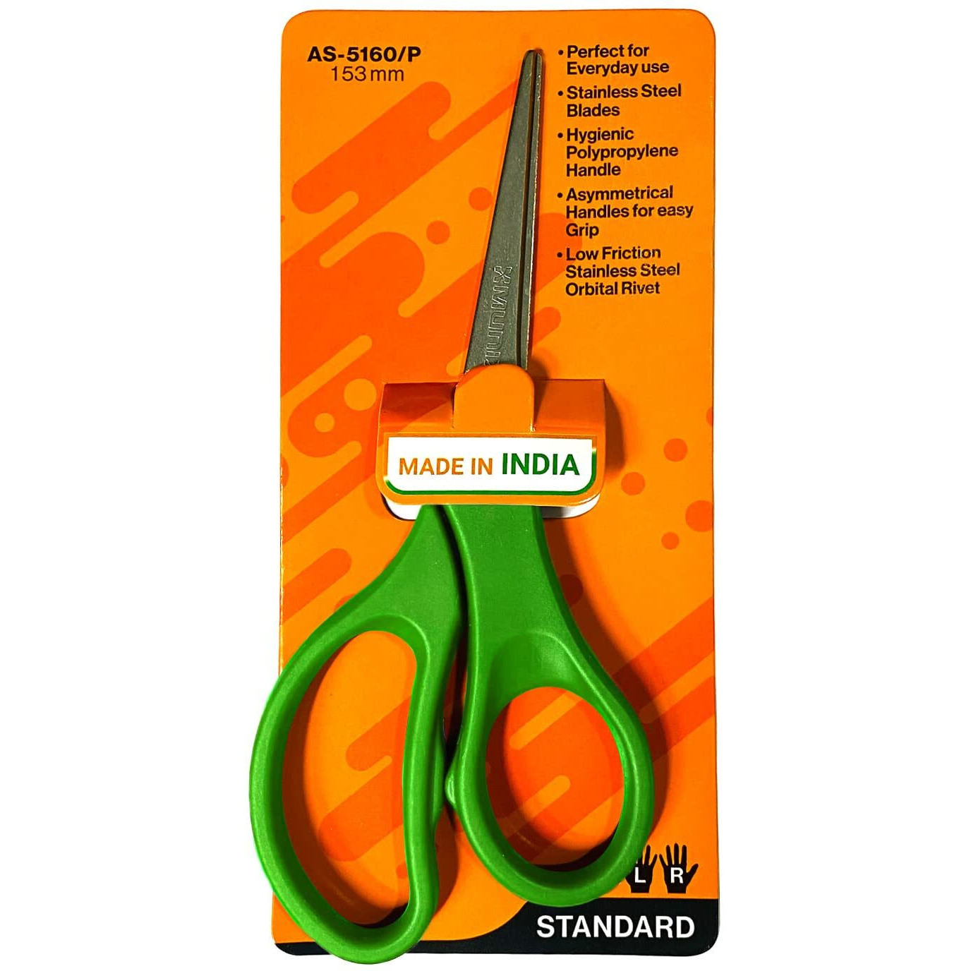 Munix AS-5160 153 mm / 6" Stainless Steel Scissors | Pointed Tip Blade with Asymmetrical & Comfortable Handles for Easy Grip | Lightweight Multipurpose Scissor | Green, Pack of 4 - Color May Vary