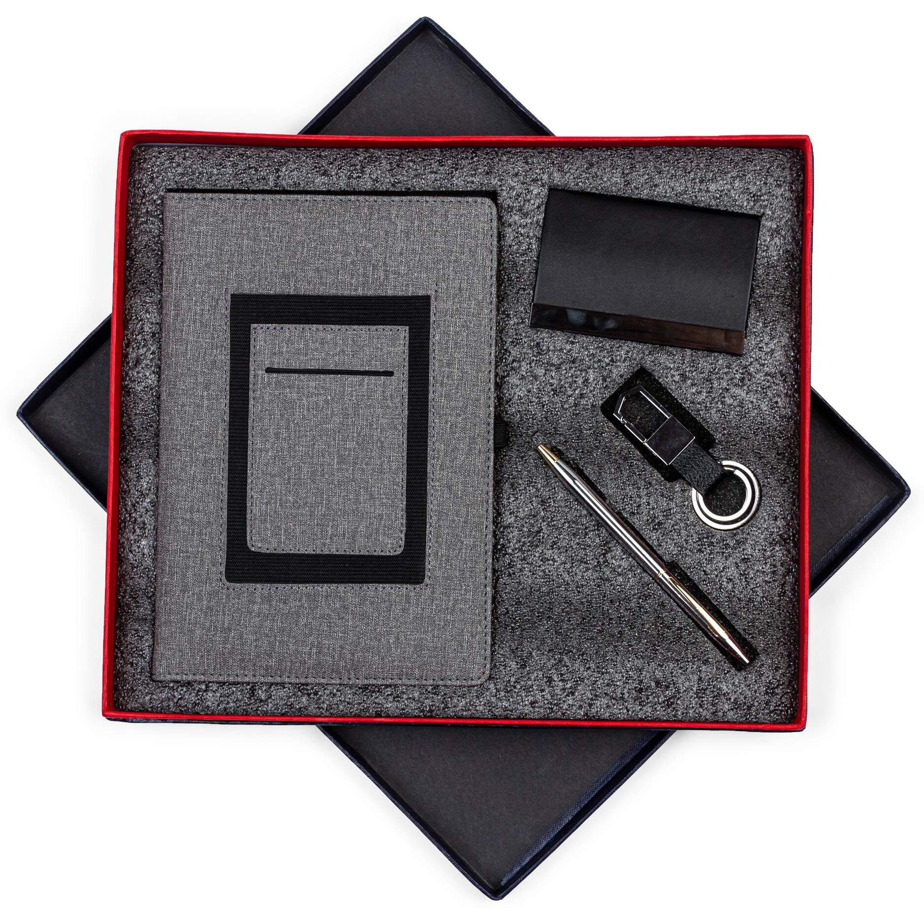 Cubic Combo Gift Box A5 Size Grey Mobile Pouch Notebook (640), Black Visiting Card Holder, Keychain and Oliver Worth Ball Pen