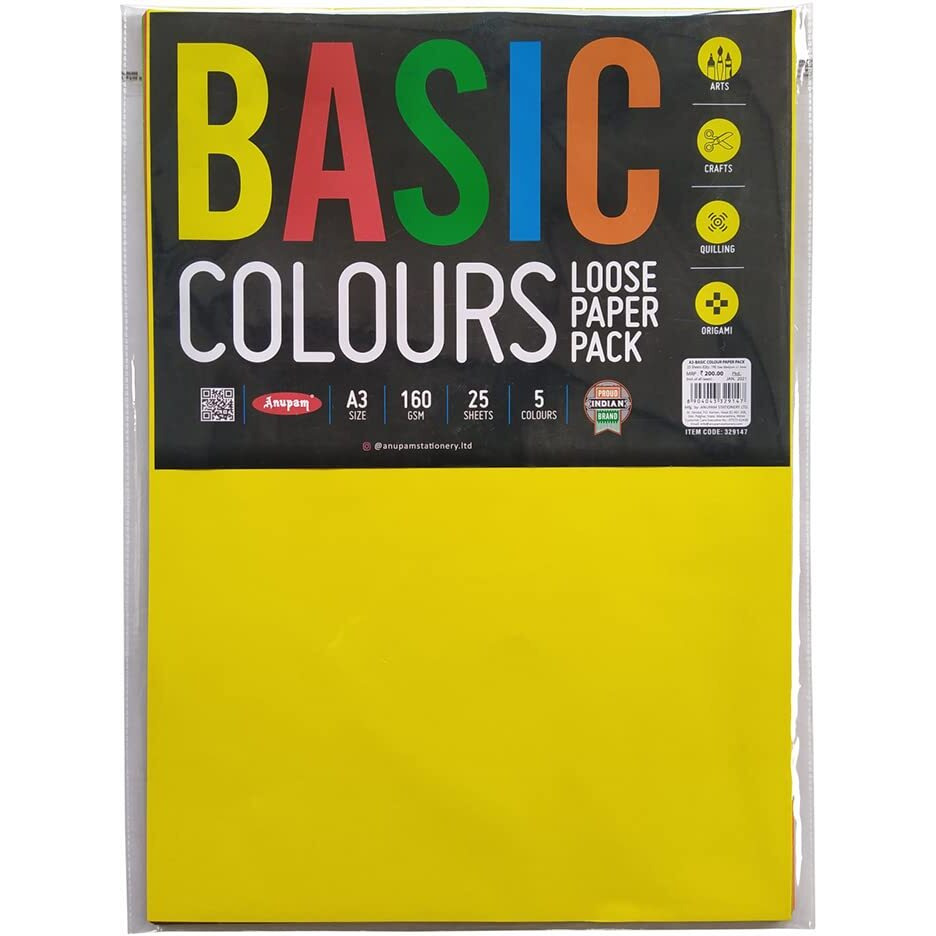 Anupam A3 Basic Colour Loose Paper 160gsm 5 Colors Paper for Arts, Crafts, Quilling, Origami (25 Sheet)