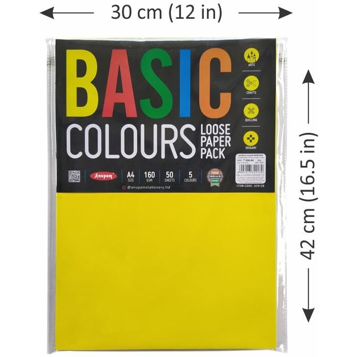 Anupam A3 Basic Colour Loose Paper 160gsm 5 Colors Paper for Arts, Crafts, Quilling, Origami (25 Sheet)