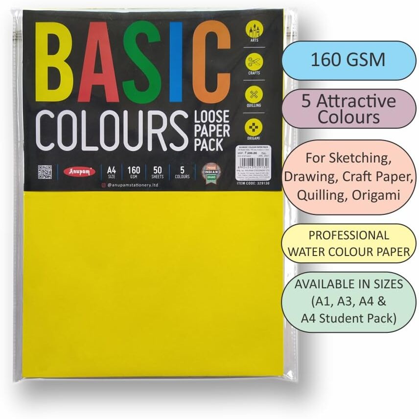 Anupam A3 Basic Colour Loose Paper 160gsm 5 Colors Paper for Arts, Crafts, Quilling, Origami (25 Sheet)