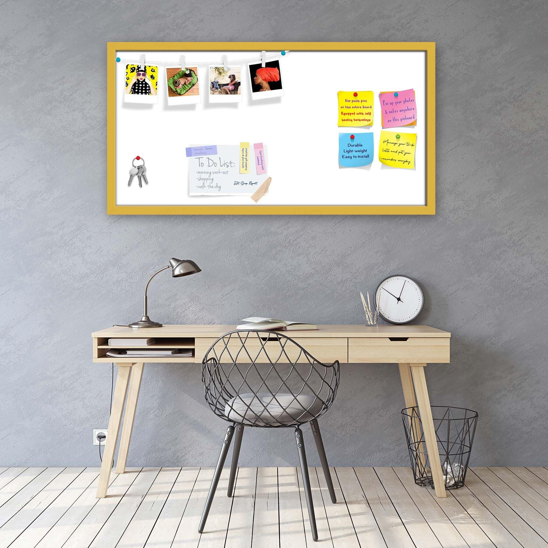 ArtzFolio Whites Family White Colour | Bulletin Board Notice Pin Board | Vision Soft Board Combo with Thumb Push Pins & Sticky Notes | Golden Frame | 36 x 18 inch (91 x 46 cms)
