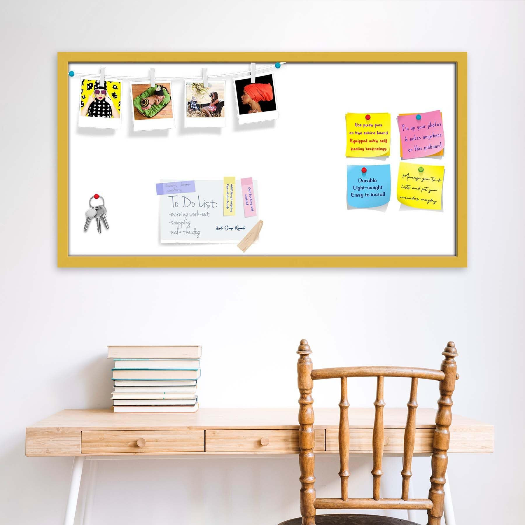 ArtzFolio Whites Family White Colour | Bulletin Board Notice Pin Board | Vision Soft Board Combo with Thumb Push Pins & Sticky Notes | Golden Frame | 36 x 18 inch (91 x 46 cms)