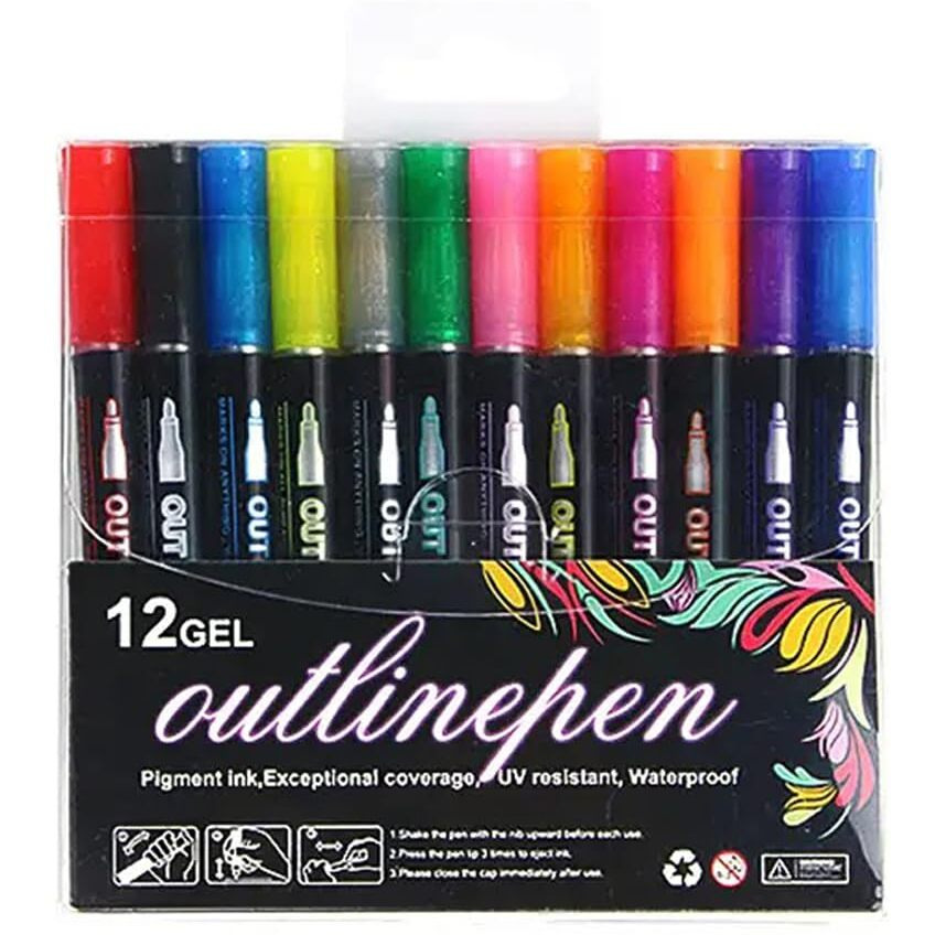 Penny Wise Creative Colourful Glitter Outline Marker Pen Set, Kids Safe & Non Toxic, Ideal For Doodling, Drawing, Colouring, Painting & Shading, Works On All Surfaces. (Set Of 12 Shades)