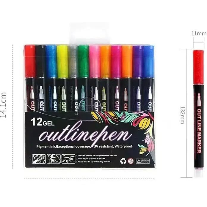 Penny Wise Creative Colourful Glitter Outline Marker Pen Set, Kids Safe & Non Toxic, Ideal For Doodling, Drawing, Colouring, Painting & Shading, Works On All Surfaces. (Set Of 12 Shades)