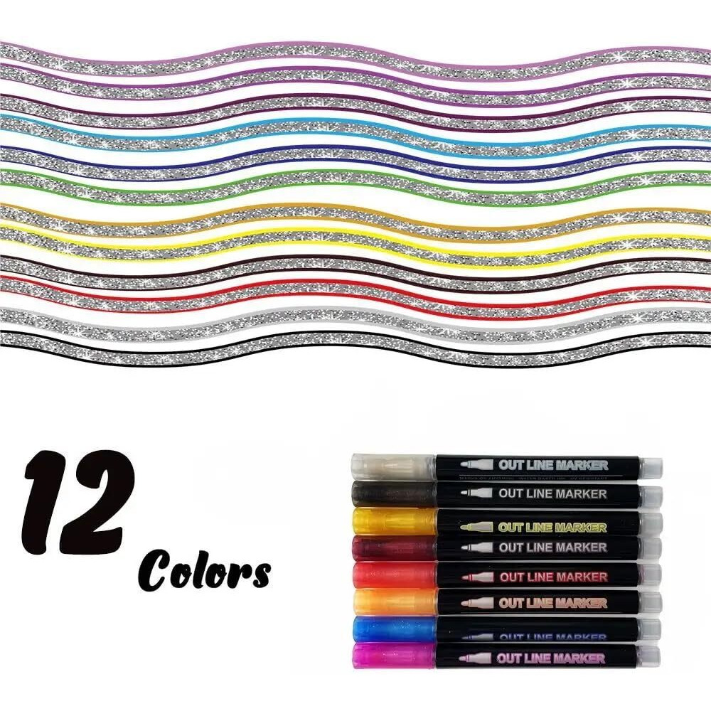 Penny Wise Creative Colourful Glitter Outline Marker Pen Set, Kids Safe & Non Toxic, Ideal For Doodling, Drawing, Colouring, Painting & Shading, Works On All Surfaces. (Set Of 12 Shades)