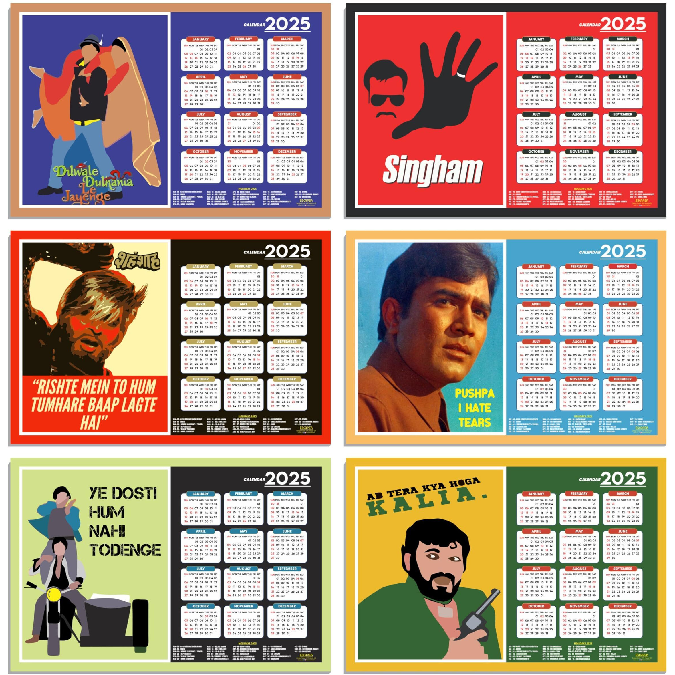 ESCAPER Famous Bollywood Dialogues Wall Calendar 2025 (45 x 30 cm), Bollywood Actors Dilogues Wall Calendar 2025, Cinema Wall Calendar 2025 hanging, Bollywood Wall Calendar 2025