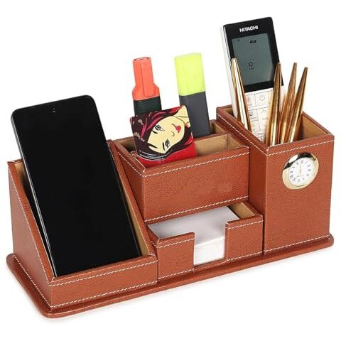 panku Faux Leather Tan Paper/Memo/Phone/Card Holder Desk Table Organizer Office Supply Stationery Pack of 1 (with Watch)
