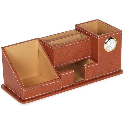 panku Faux Leather Tan Paper/Memo/Phone/Card Holder Desk Table Organizer Office Supply Stationery Pack of 1 (with Watch)