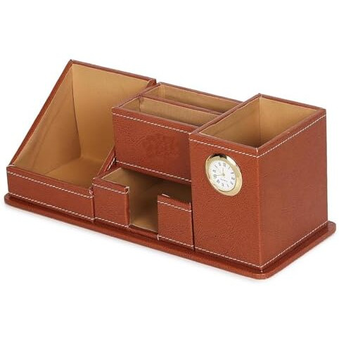 panku Faux Leather Tan Paper/Memo/Phone/Card Holder Desk Table Organizer Office Supply Stationery Pack of 1 (with Watch)