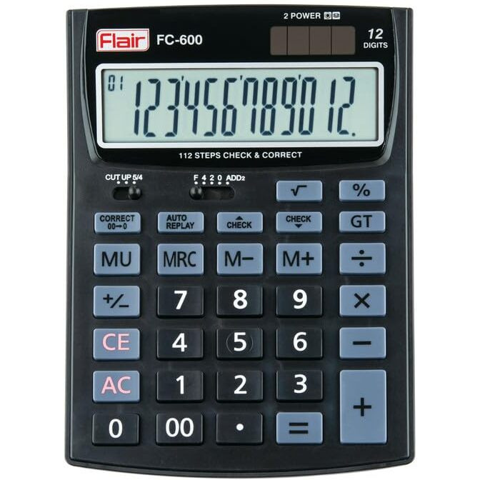 Flair FC-600 Desktop Series Basic Calculator | 12 Digits Calculator | Mark Up with GT Keys | Auto Power Off | Dual Power with Solar | Auto Replay | 112 Steps Check & Correct | Black, Pack of 1