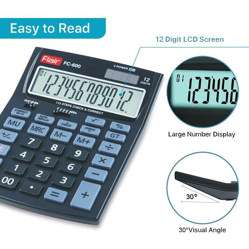 Flair FC-600 Desktop Series Basic Calculator | 12 Digits Calculator | Mark Up with GT Keys | Auto Power Off | Dual Power with Solar | Auto Replay | 112 Steps Check & Correct | Black, Pack of 1