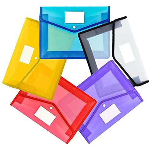 WHNOATOC Pack 5 Documents holder Envelope Folder,File Storage Bag with Snap Button Transparent Plastic files Certificate File Holder/Document Folder for Certificate Legal Document Organizer Multicolor