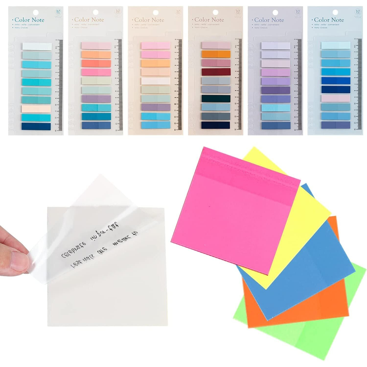 IMPRINT Sticky Index Tabs Morandi Page Flags Book Annotating Markers & Transparent Sticky Notes 3x3 Inch Clear See Through Pads Annotation Color Memo Waterproof Stick Notes | 1500 Pcs
