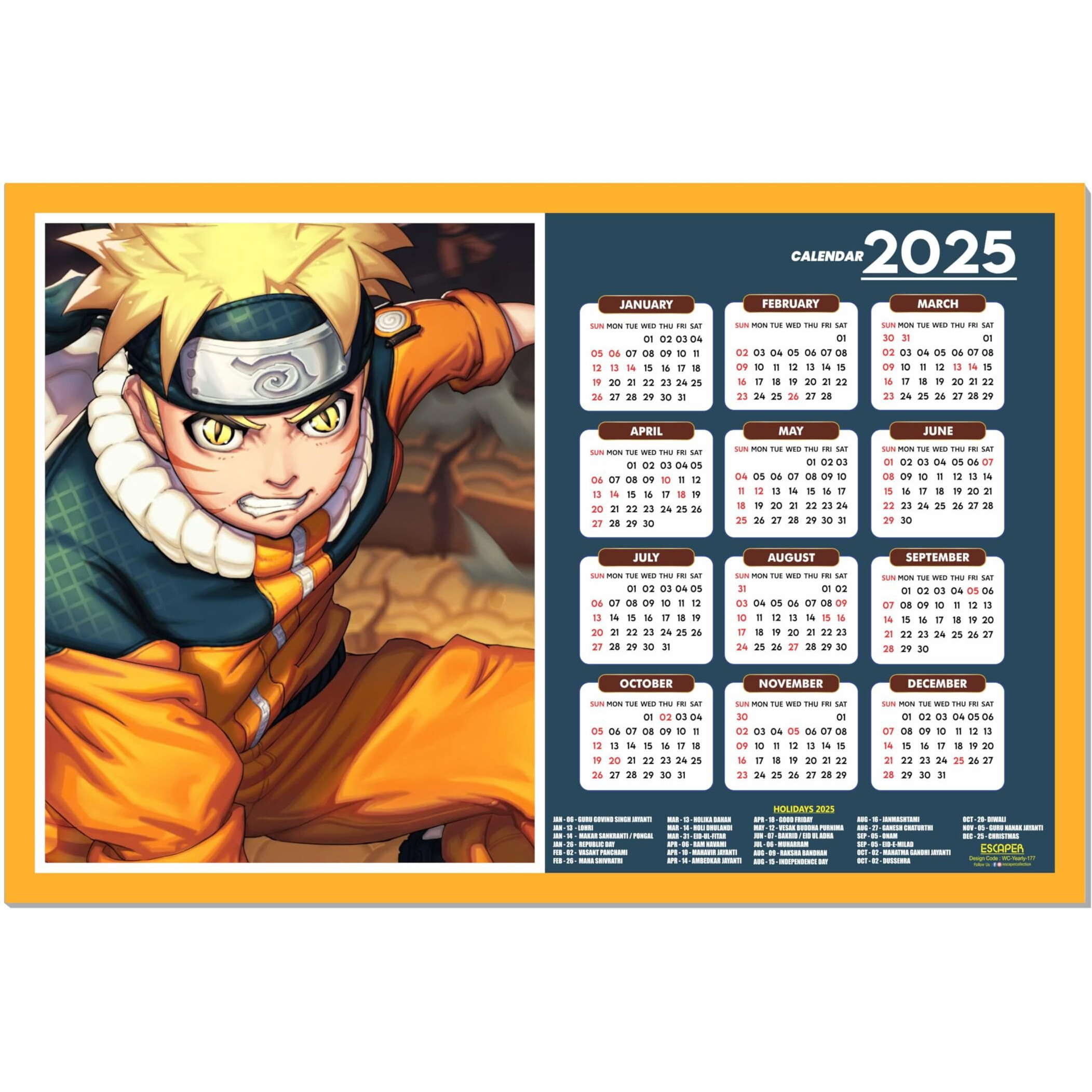 ESCAPER Anime Wall Calendar 2025 hanging (45 x 30 cm), Anime Wall Calendar 2025, One Piece Anime Wall Calendar 2025, Anime Gifts, Anime Wall Dcor, New Year Calendar 2025