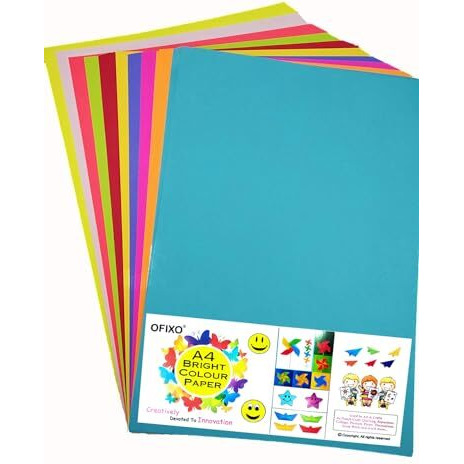OFIXO A4 Color Paper Premium Neon Colours Pack of 100 Sheets (10 Colors x 10 Sheets Each Colour) for Art & Craft Work. (80 GSM)_Pack of 2