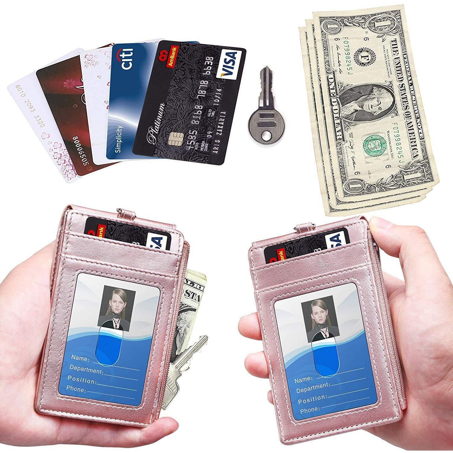 ELV Badge Holder with Zipper, 5 Card Slots, 1 Side RFID Blocking Pocket and 20" Neck Lanyard/Strap for Offices ID, School ID, Driver Licence (Floral)