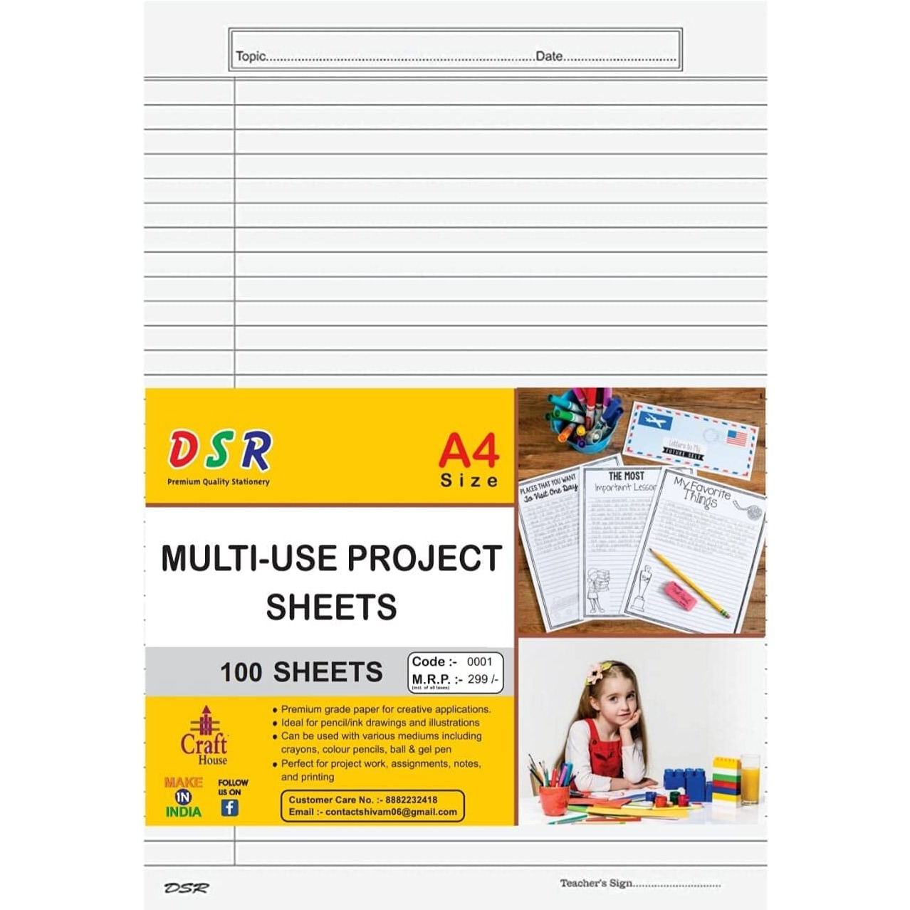 Eclet A4 Size Both Side Ruled Sheet (Pack of 100 sheets) for Project/Assignment/Practical/Homework(white)