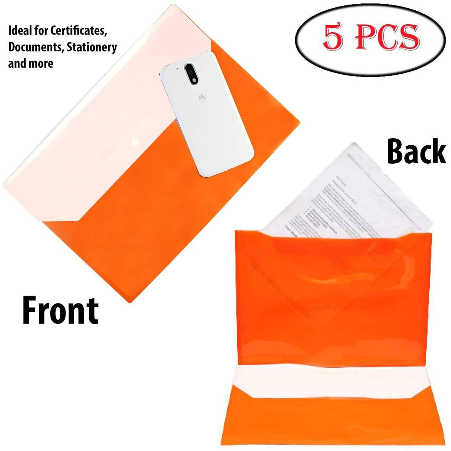 GreatDio Front and Back Double Pocket A4 Document File Document Bag,Document Folder Envelope Holder Storage Case, Snap Button Organizer, Plastic Container for Papers, Stationery-5 Pack