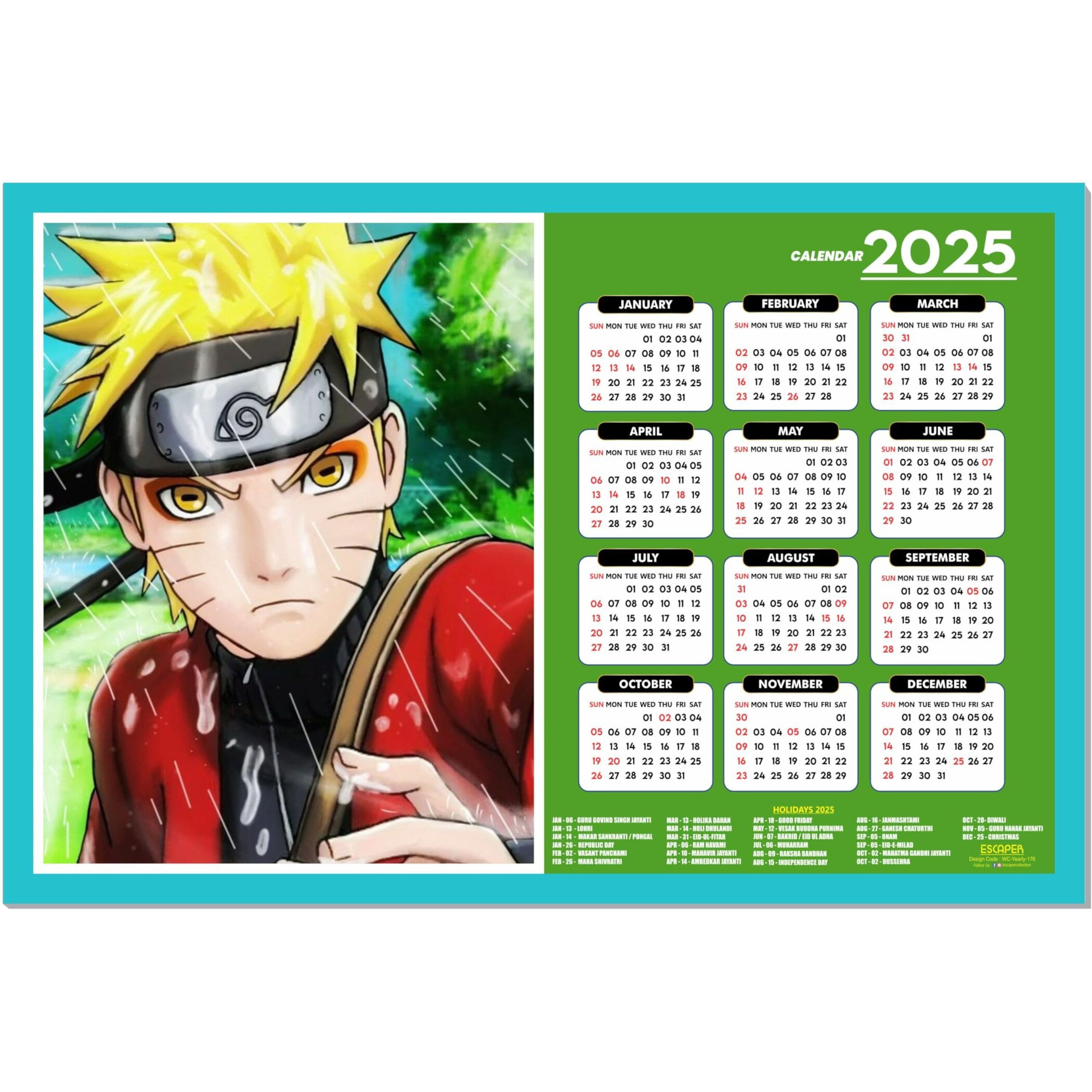 ESCAPER Anime Wall Calendar 2025 hanging (45 x 30 cm), Anime Wall Calendar 2025, One Piece Anime Wall Calendar 2025, Anime Gifts, Anime Wall Dcor, New Year Calendar 2025